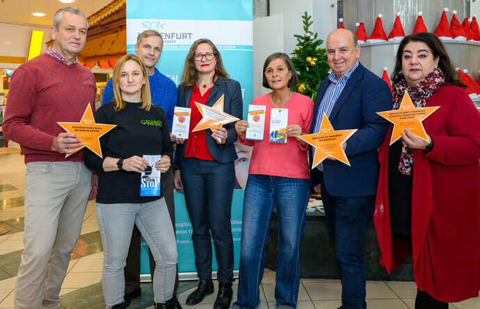 Setzen sich gegen Gewalt an Frauen und Mädchen ein: (v.l.) Stadtrat Max Habenicht, Mag. Martina Kugi (Equaliz, Projekt „StoP – Stadtteile ohne Partnergewalt), Gemeinderat Michael Gussnig, Stadträtin DI Constance Mochar, Mag. Astrid Malle (Frauenbüro Klagenfurt), Südpark-Manager Heinz Achatz und Gemeinderätin Ines Domenig. Foto: StadtKommunikation/Hude