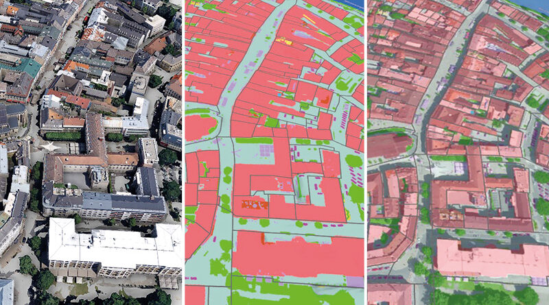 Digitaler geoZwilling Aus tausenden Luftaufnahmen und mittels KI wurde ein digitaler geoZwilling von Villach entwickelt. Auf dem linken Bild ist die Innenstadt als 3D-Modell zu sehen. In der Mitte der Bodenverbrauch im Herzen Villachs. Rechts eine Kombination aus beiden Karten.