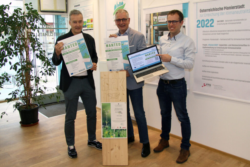 Freuen sich auf die Klimaschutz-Ideen der Klagenfurter: Dr. Wolfgang Hafner (Leiter der Abteilung Klima- und Umweltschutz), Klima- und Umweltschutzreferent Vizebürgermeister Dr. Alexander Kastner und Dr. Georg Eichler (IPAK GmbH - Smart Climate Lab).